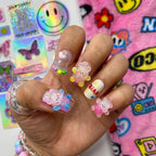 Reusable Mint Coquette Press On Nails – Almond Shape with 3D Cherry, Bow, and Pearl Heart Designs