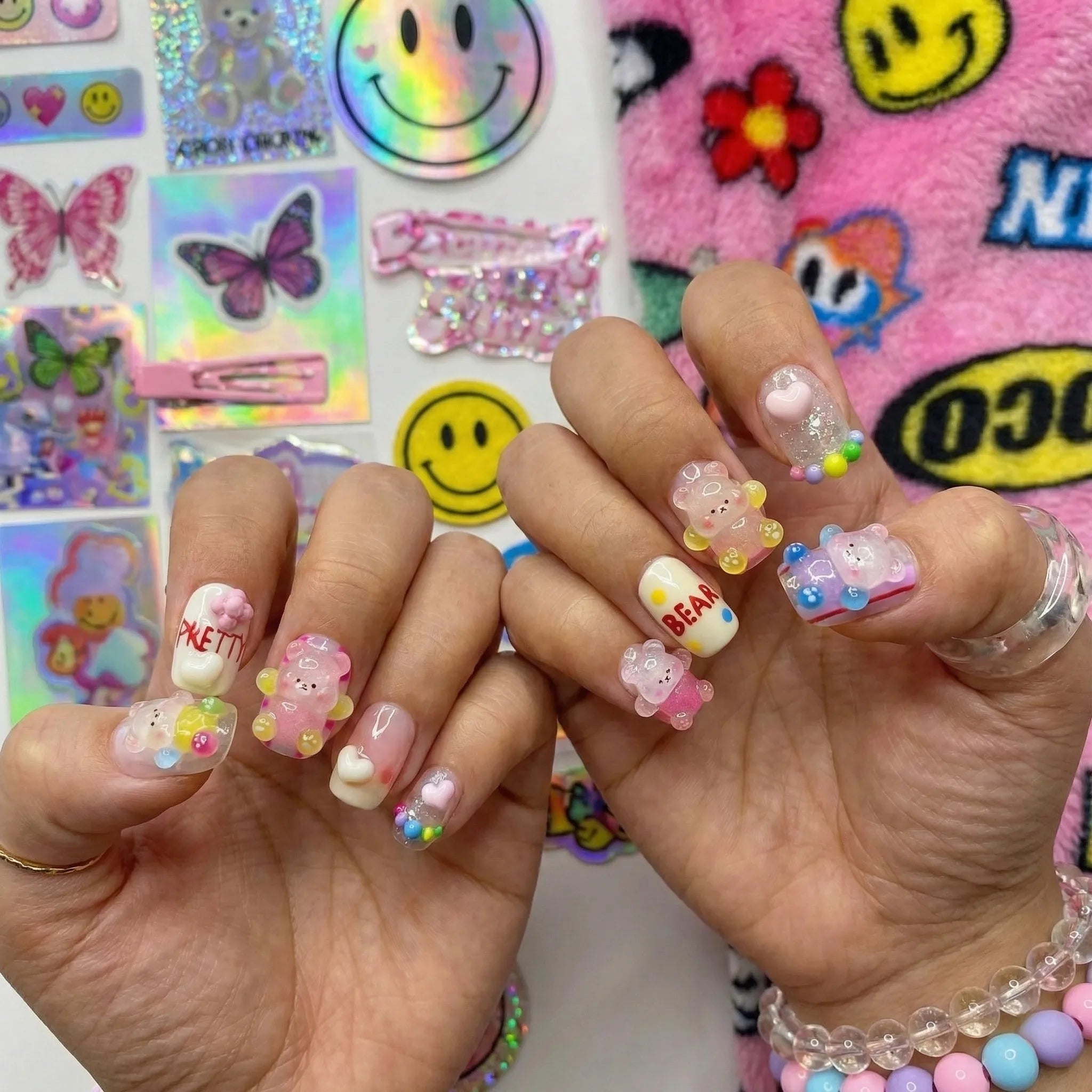 Reusable Mint Coquette Press On Nails – Almond Shape with 3D Cherry, Bow, and Pearl Heart Designs