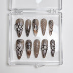 Reusable Long Stiletto Press On Nails – Smoky Grey with 3D Liquid Swirls, Black Cyber Tribal Lines, and Gothic Design for Cool Girls