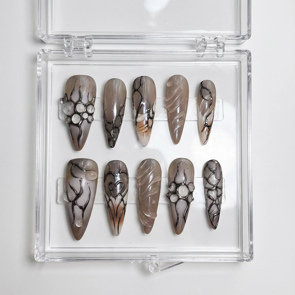 Reusable Long Stiletto Press On Nails – Smoky Grey with 3D Liquid Swirls, Black Cyber Tribal Lines, and Gothic Design for Cool Girls