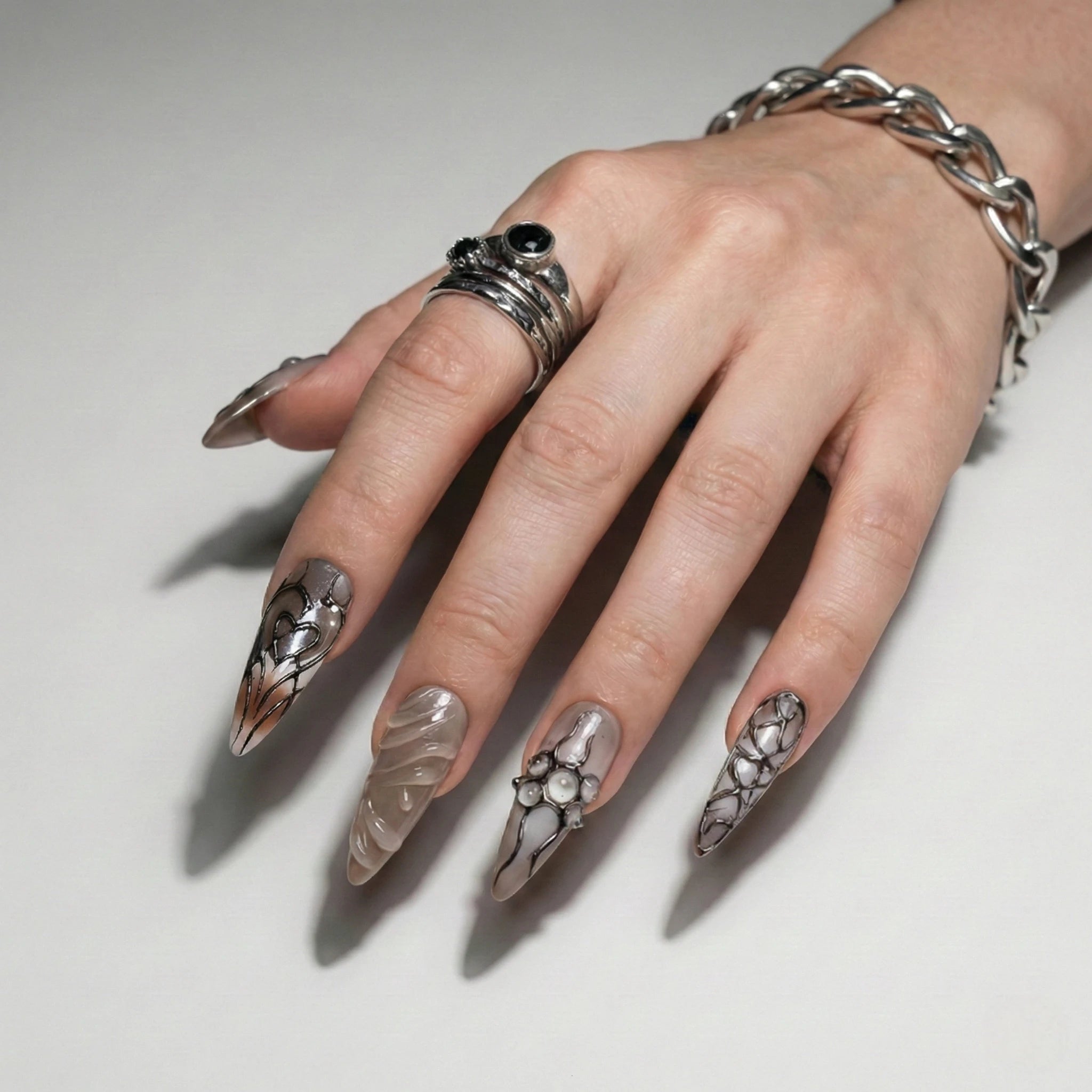 Reusable Long Stiletto Press On Nails – Smoky Grey with 3D Liquid Swirls, Black Cyber Tribal Lines, and Gothic Design for Cool Girls