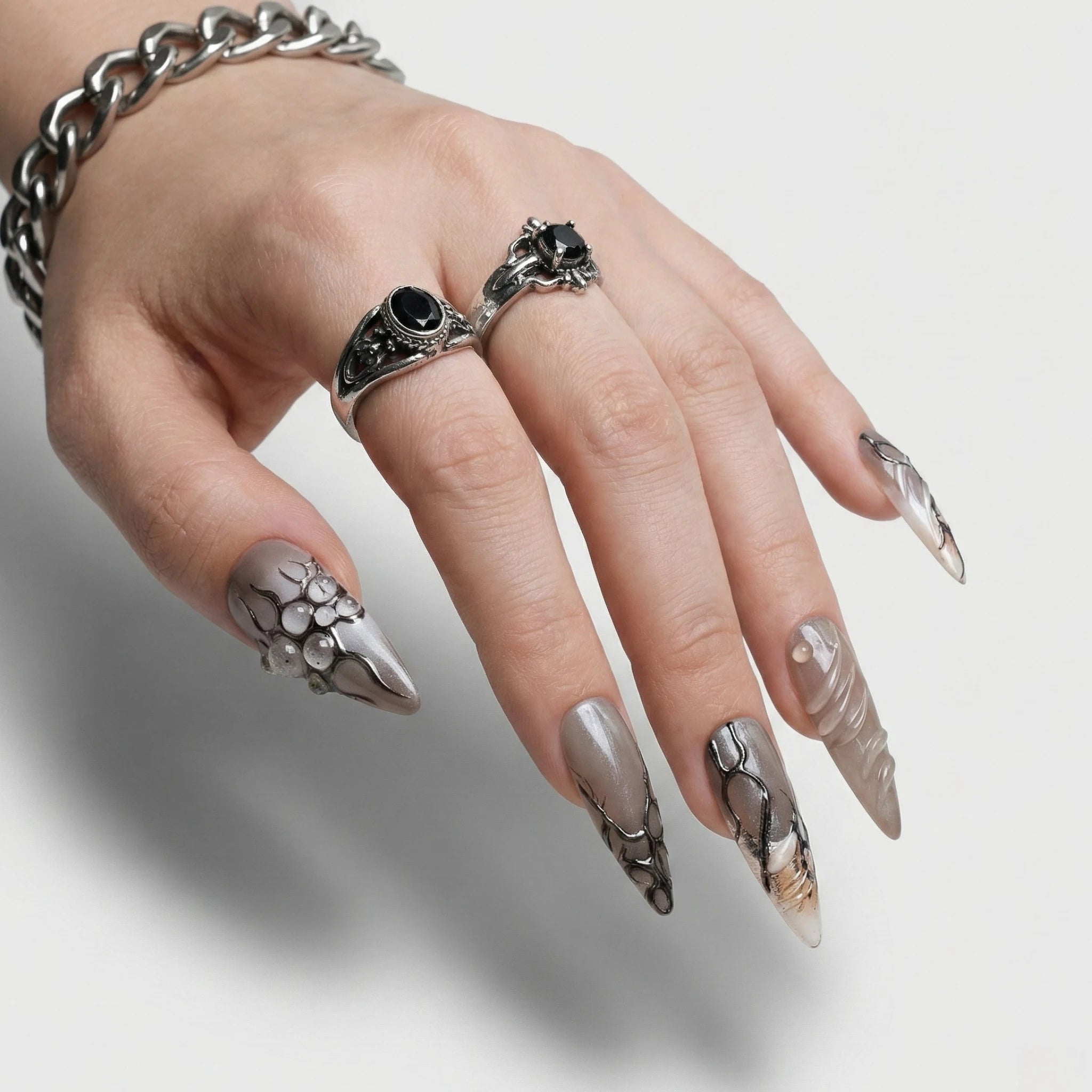 Reusable Long Stiletto Press On Nails – Smoky Grey with 3D Liquid Swirls, Black Cyber Tribal Lines, and Gothic Design for Cool Girls