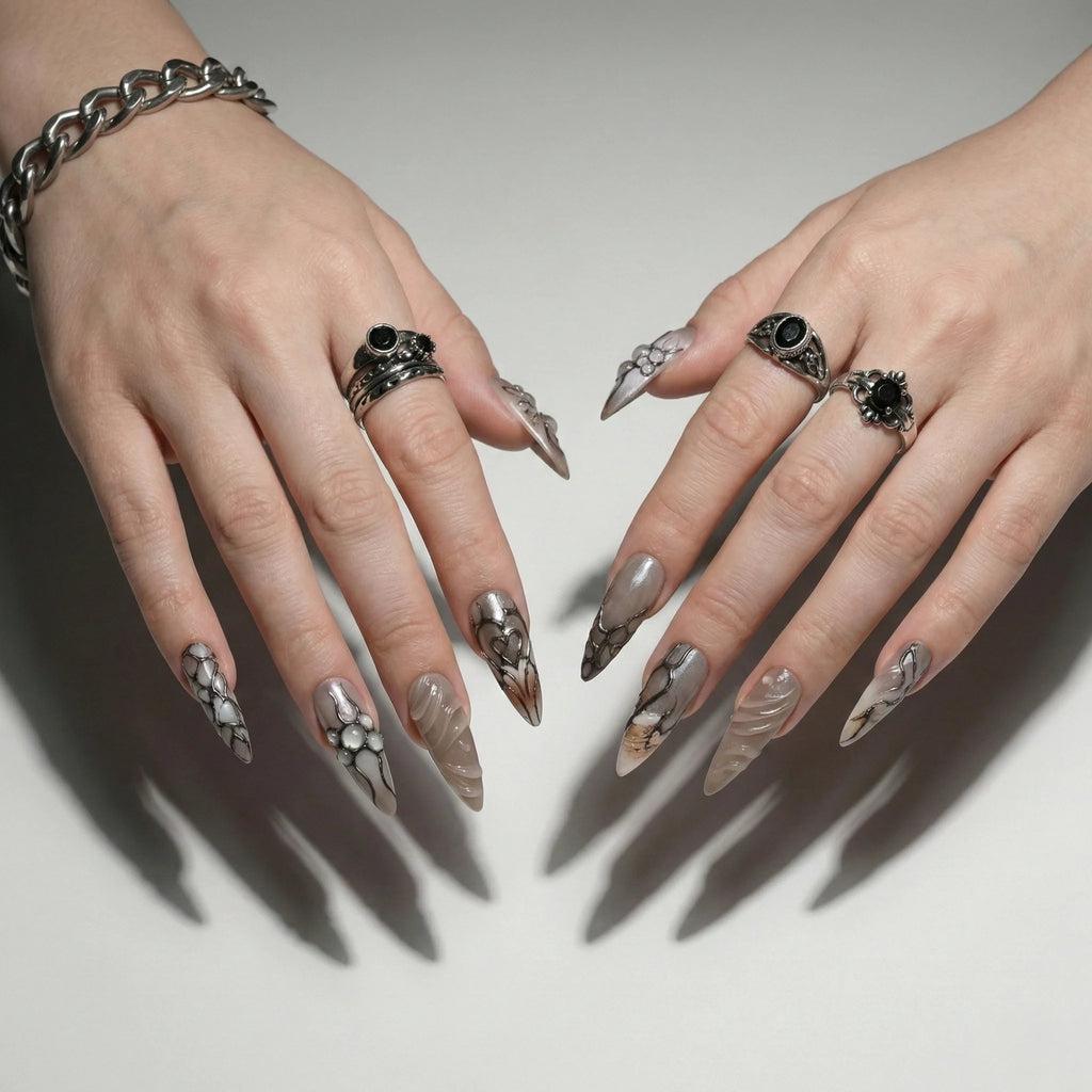 Reusable Long Stiletto Press On Nails – Smoky Grey with 3D Liquid Swirls, Black Cyber Tribal Lines, and Gothic Design for Cool Girls