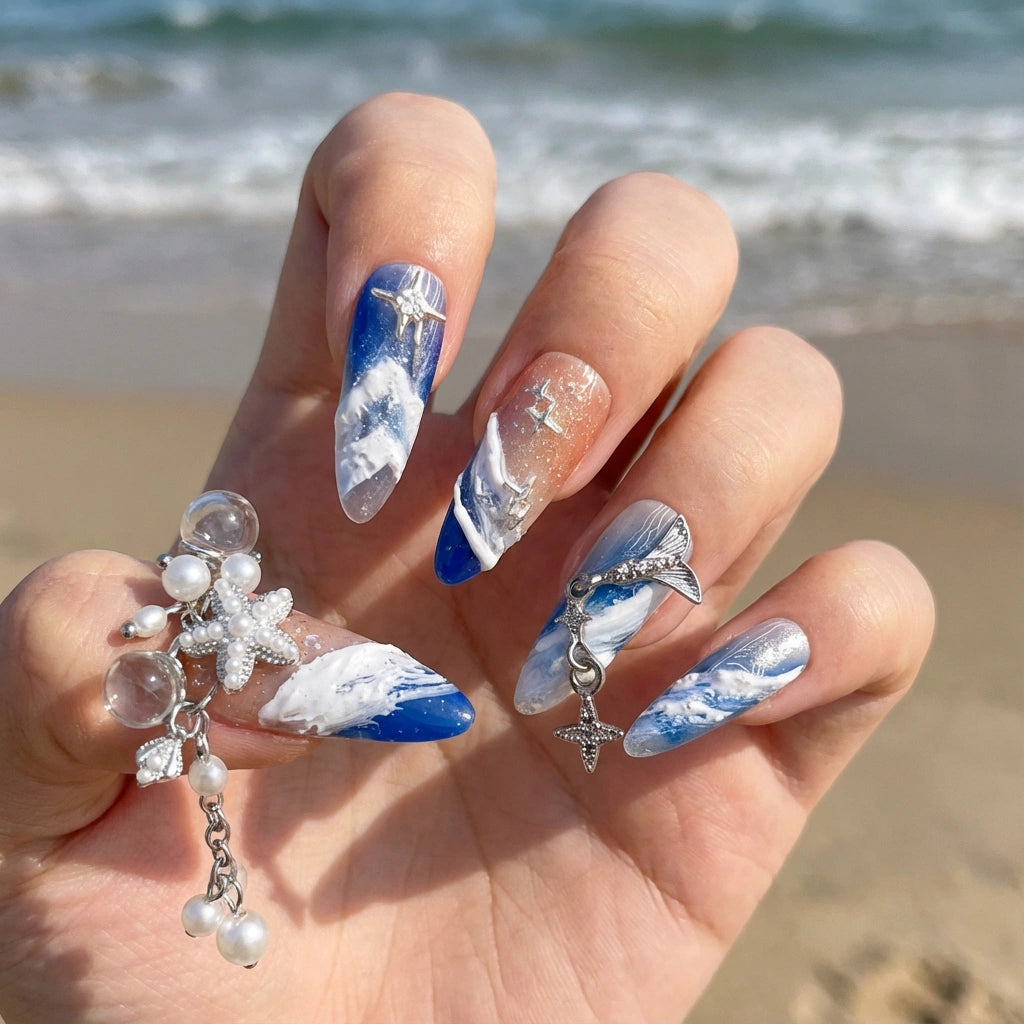 Reusable Ocean Wave Press On Nails – Stiletto Shape with 3D Sea Foam, Mermaid Tail, and Starfish Designs Secondary image