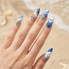 Reusable Ocean Wave Press On Nails – Stiletto Shape with 3D Sea Foam, Mermaid Tail, and Starfish Designs