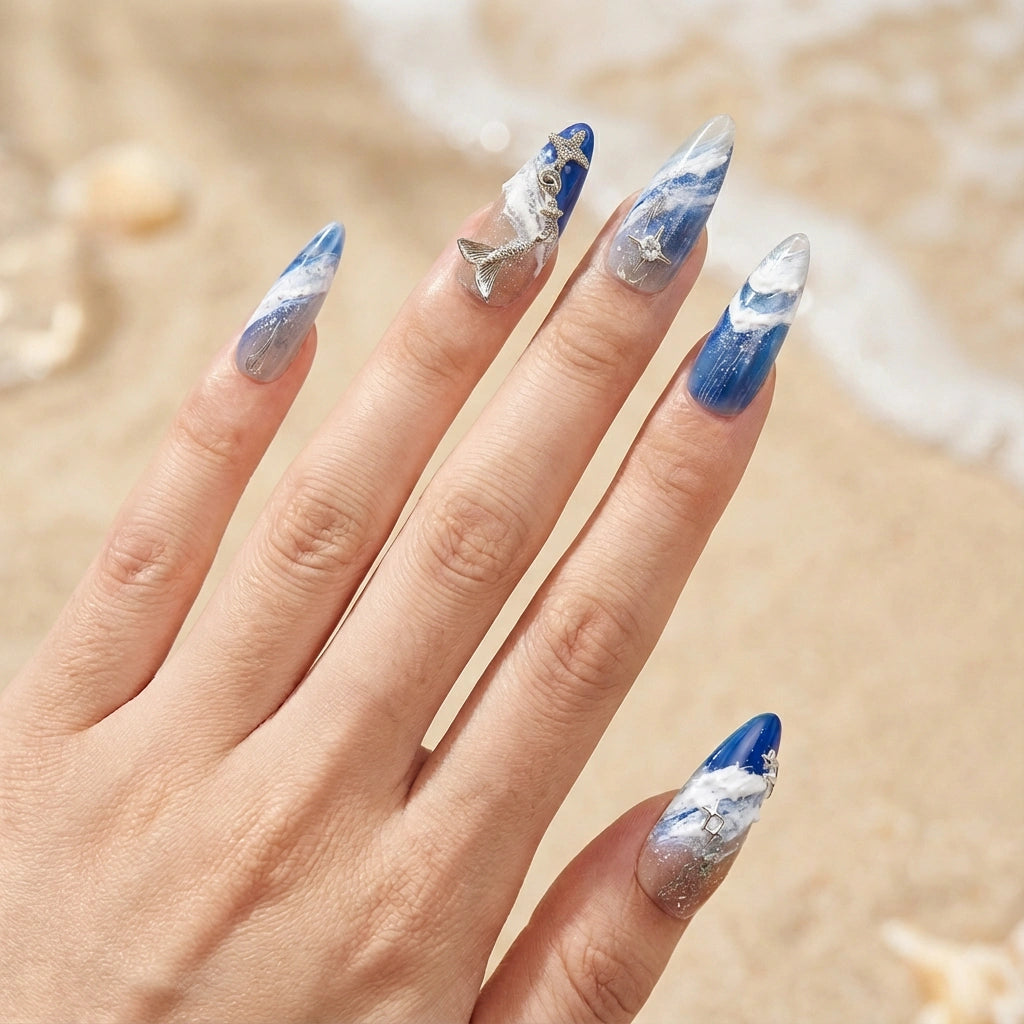 Reusable Ocean Wave Press On Nails – Stiletto Shape with 3D Sea Foam, Mermaid Tail, and Starfish Designs