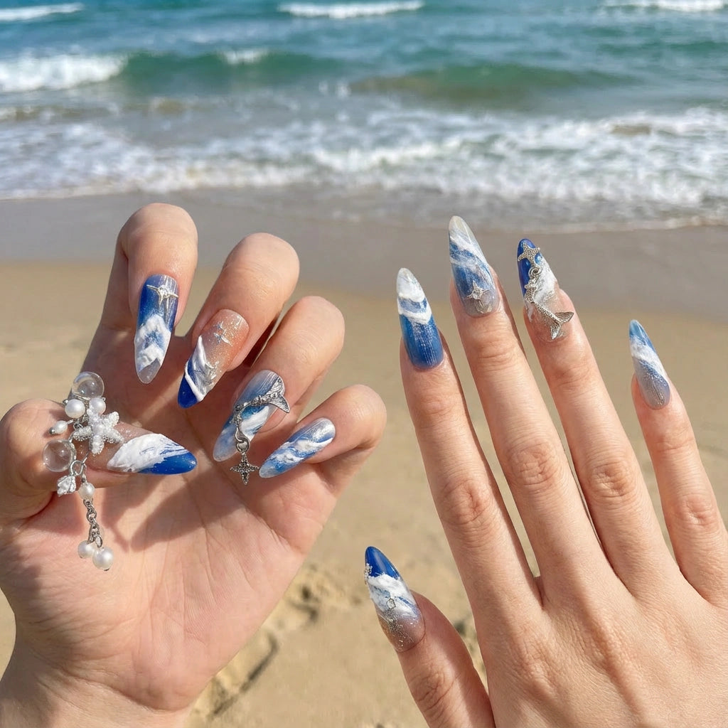 Reusable Ocean Wave Press On Nails – Stiletto Shape with 3D Sea Foam, Mermaid Tail, and Starfish Designs