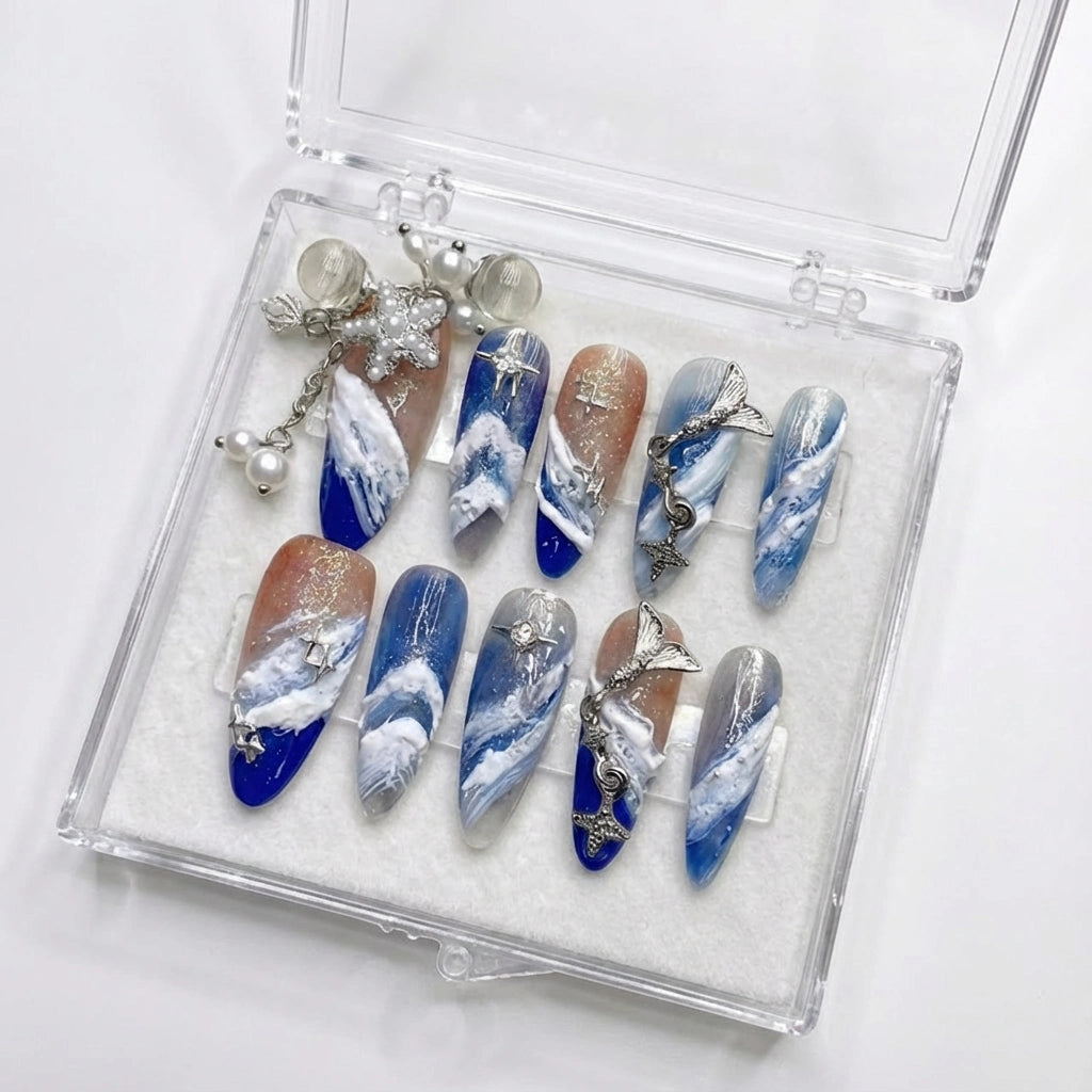 Reusable Ocean Wave Press On Nails – Stiletto Shape with 3D Sea Foam, Mermaid Tail, and Starfish Designs