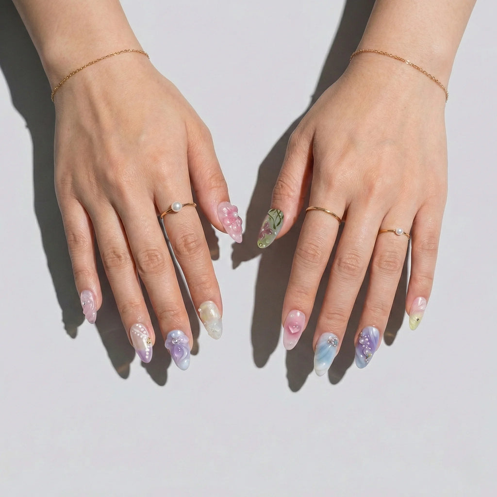 Reusable Pastel Garden Press On Nails – Almond Shape with 3D Flowers, Bows, and Pearl Accents