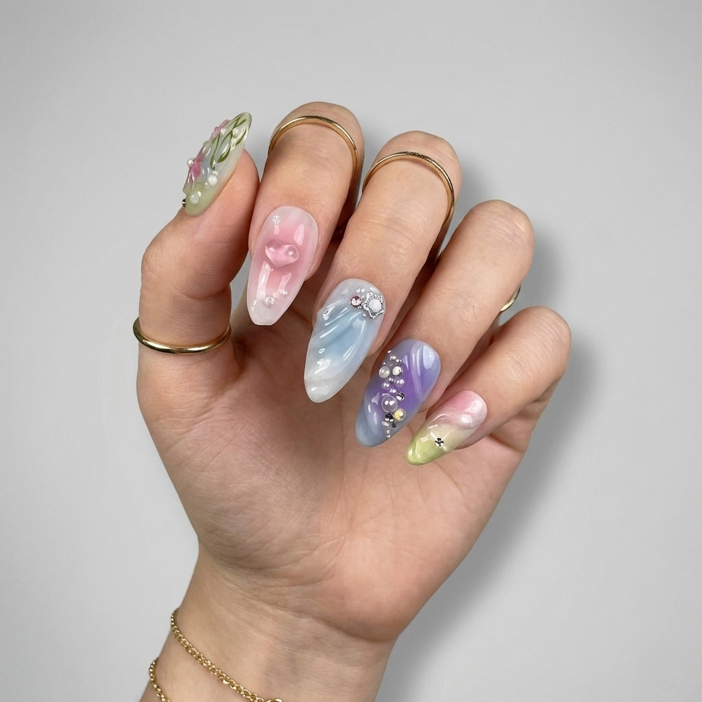 Reusable Pastel Garden Press On Nails – Almond Shape with 3D Flowers, Bows, and Pearl Accents