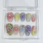 Reusable Pastel Garden Press On Nails – Almond Shape with 3D Flowers, Bows, and Pearl Accents