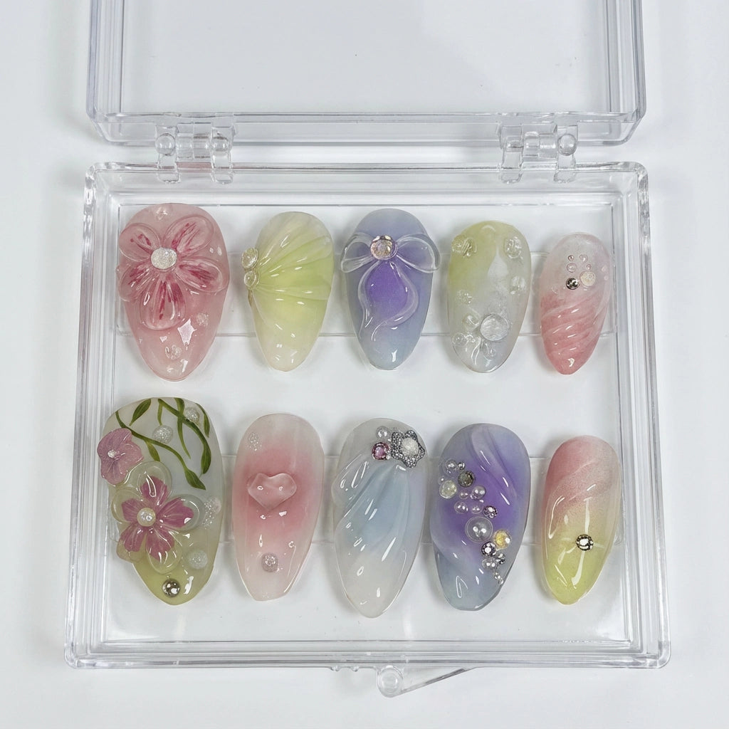 Reusable Pastel Garden Press On Nails – Almond Shape with 3D Flowers, Bows, and Pearl Accents