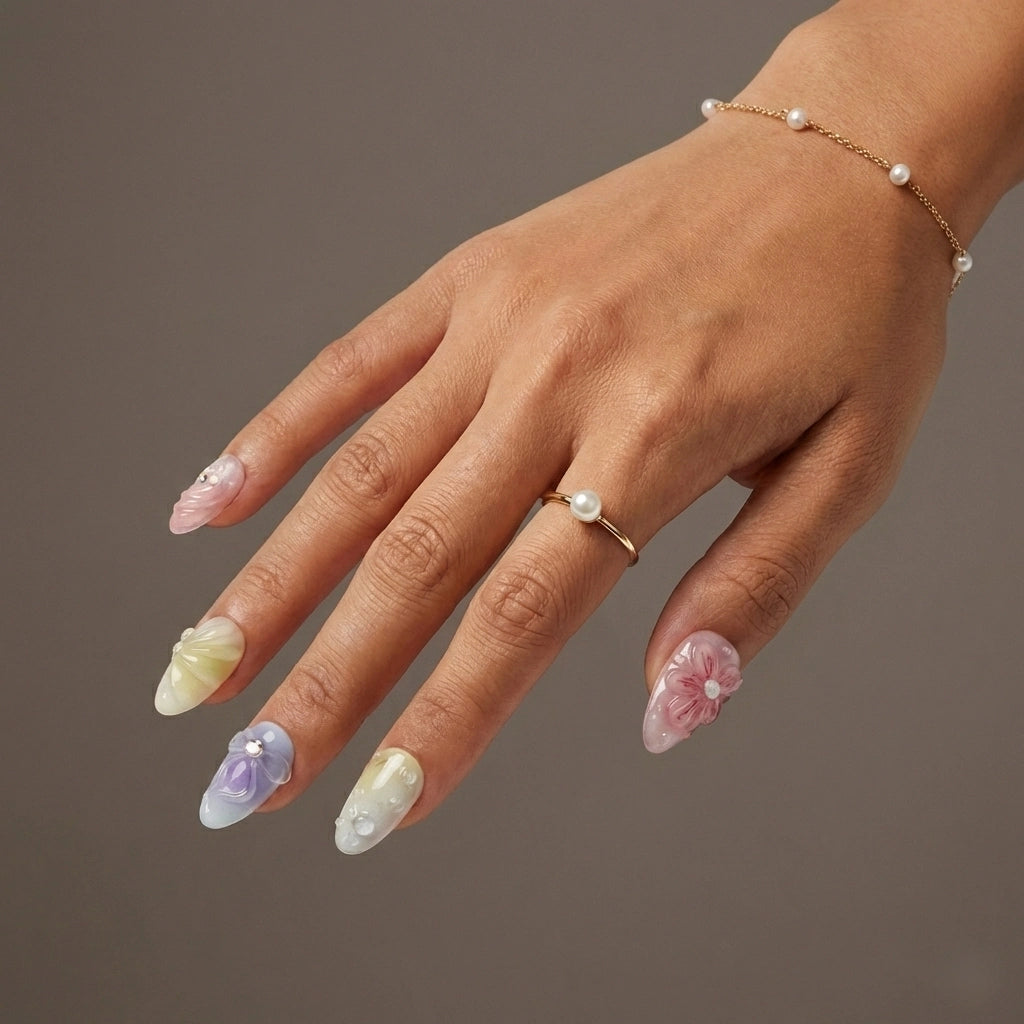 Reusable Pastel Garden Press On Nails – Almond Shape with 3D Flowers, Bows, and Pearl Accents