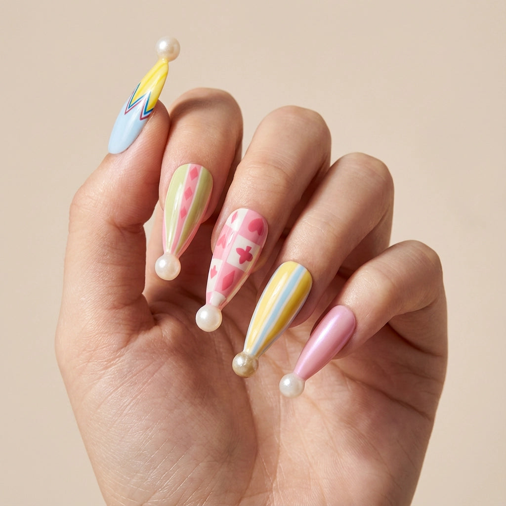 Reusable Press On Nails – Stiletto Shape with Colorful Diamond & Zigzag Patterns for Girls