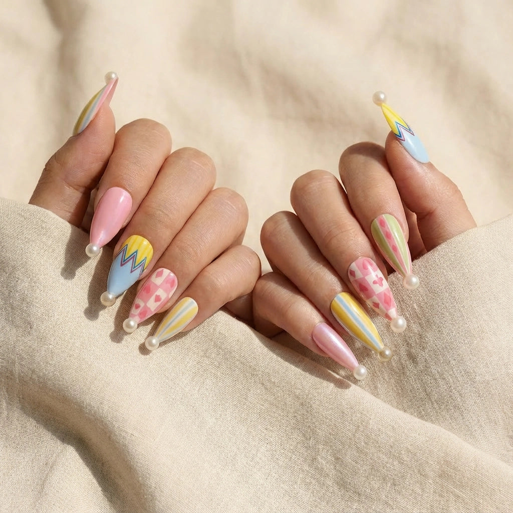 Reusable Press On Nails – Stiletto Shape with Colorful Diamond & Zigzag Patterns for Girls