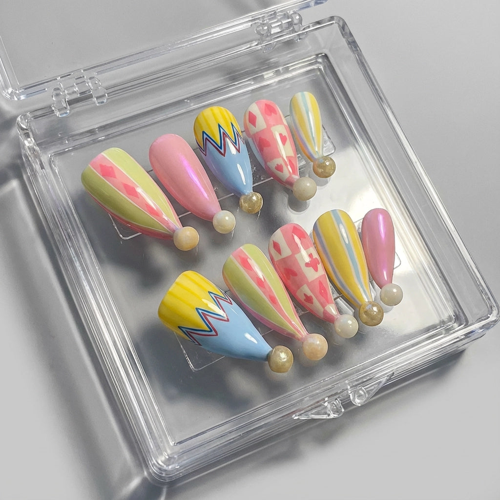 Reusable Press On Nails – Stiletto Shape with Colorful Diamond & Zigzag Patterns for Girls