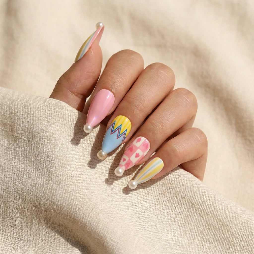 Reusable Press On Nails – Stiletto Shape with Colorful Diamond & Zigzag Patterns for Girls Secondary image