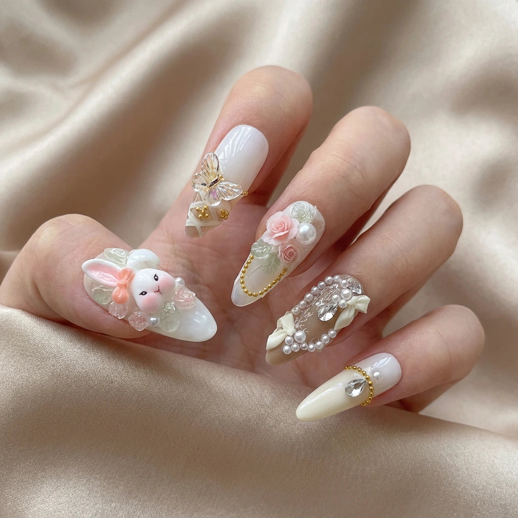 Reusable Bunny & Butterfly Press On Nails – Stiletto Shape with Pearl and Bow Designs for Special Occasions Secondary image