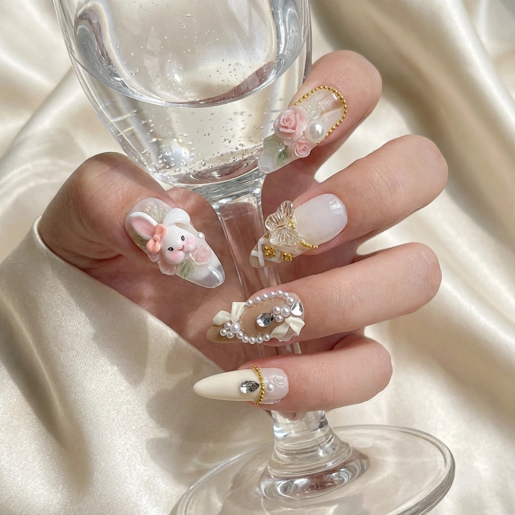 Reusable Bunny & Butterfly Press On Nails – Stiletto Shape with Pearl and Bow Designs for Special Occasions