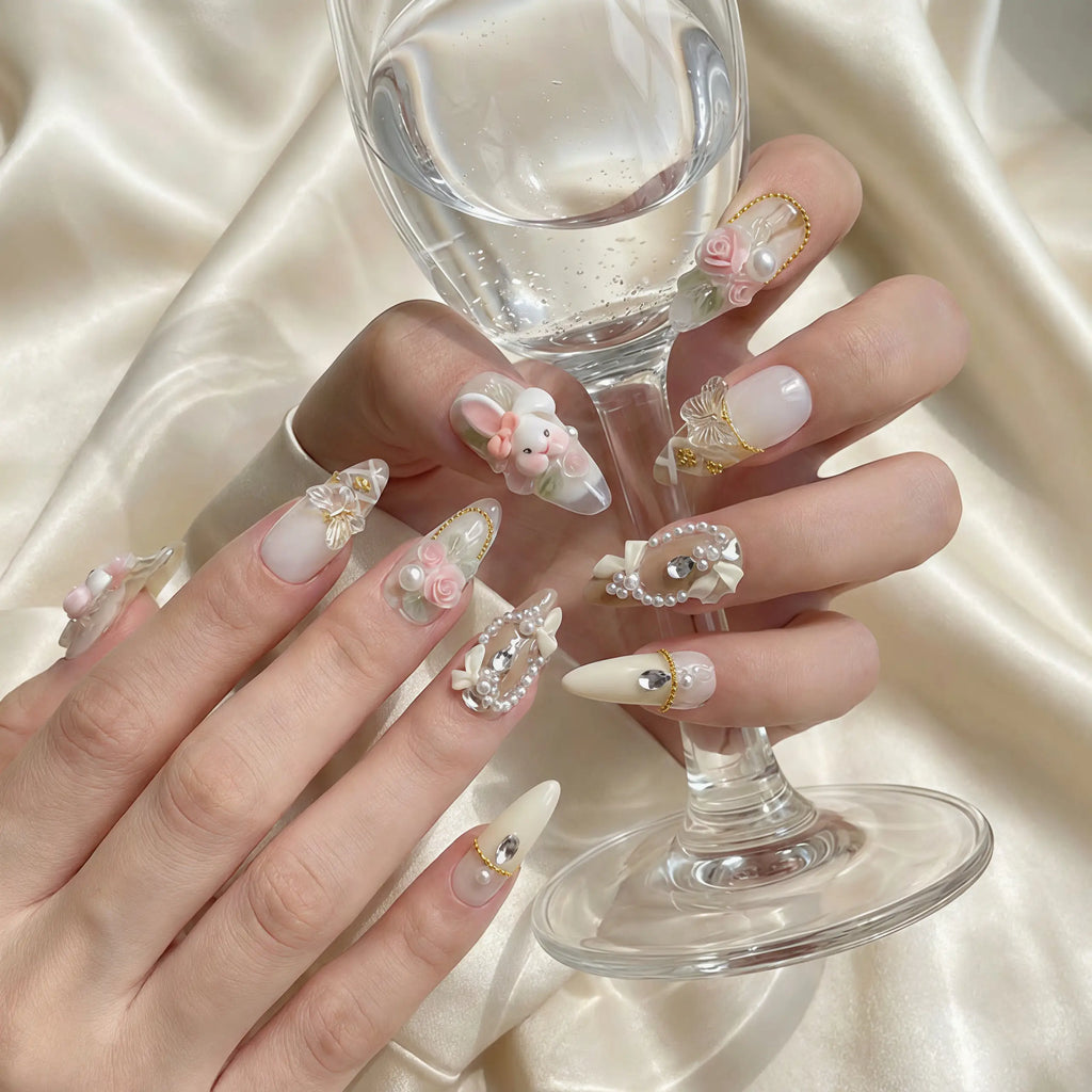 Reusable Bunny & Butterfly Press On Nails – Stiletto Shape with Pearl and Bow Designs for Special Occasions