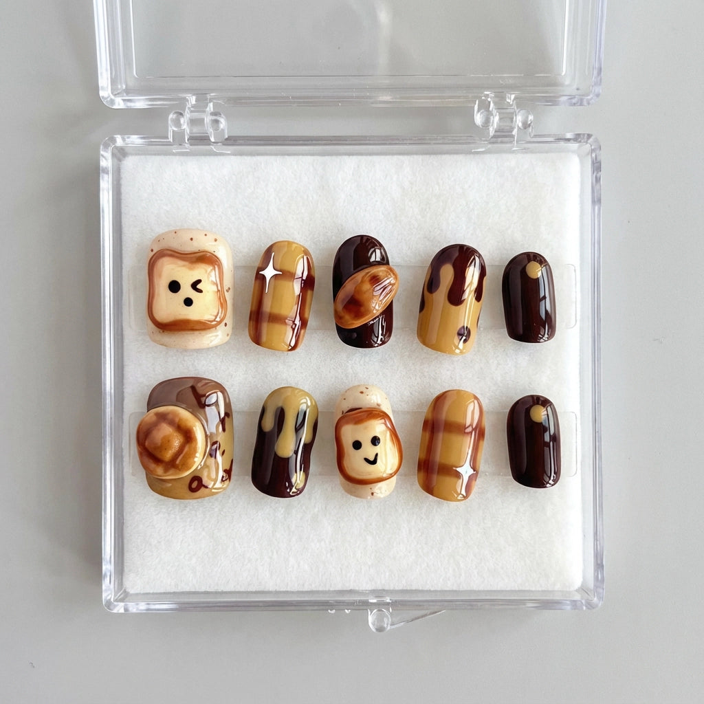 Reusable Toast Press On Nails – Square Shape with Cute Bread, Butter, and Chocolate Designs