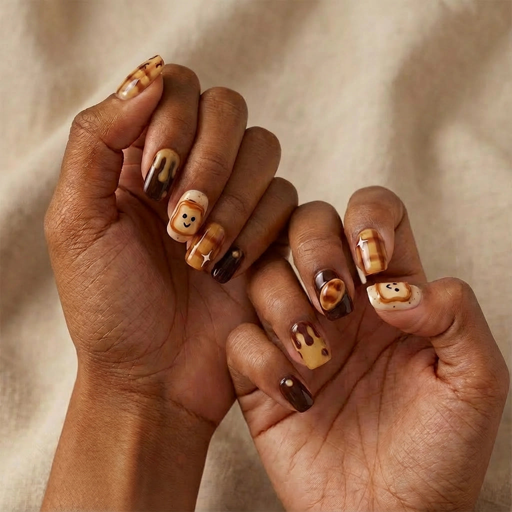 Reusable Toast Press On Nails – Square Shape with Cute Bread, Butter, and Chocolate Designs