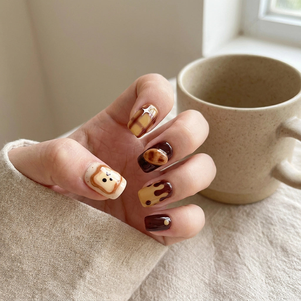 Reusable Toast Press On Nails – Square Shape with Cute Bread, Butter, and Chocolate Designs