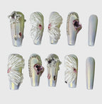 Reusable Angel Wings Press On Nails – Long Coffin Shape with 3D White Feathers, Pink Heart Gem, and Silver Star Charms