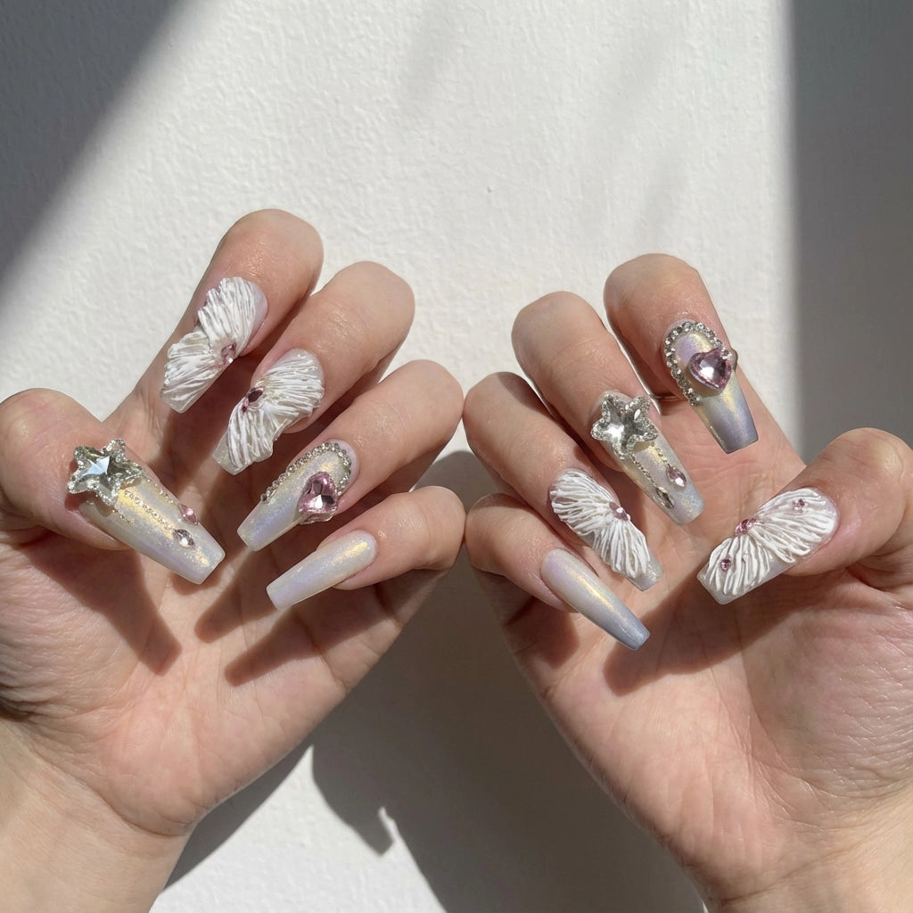 Reusable Angel Wings Press On Nails – Long Coffin Shape with 3D White Feathers, Pink Heart Gem, and Silver Star Charms