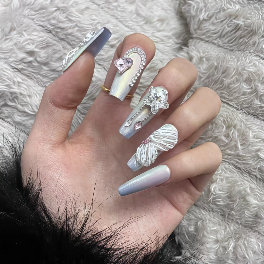 Reusable Angel Wings Press On Nails – Long Coffin Shape with 3D White Feathers, Pink Heart Gem, and Silver Star Charms