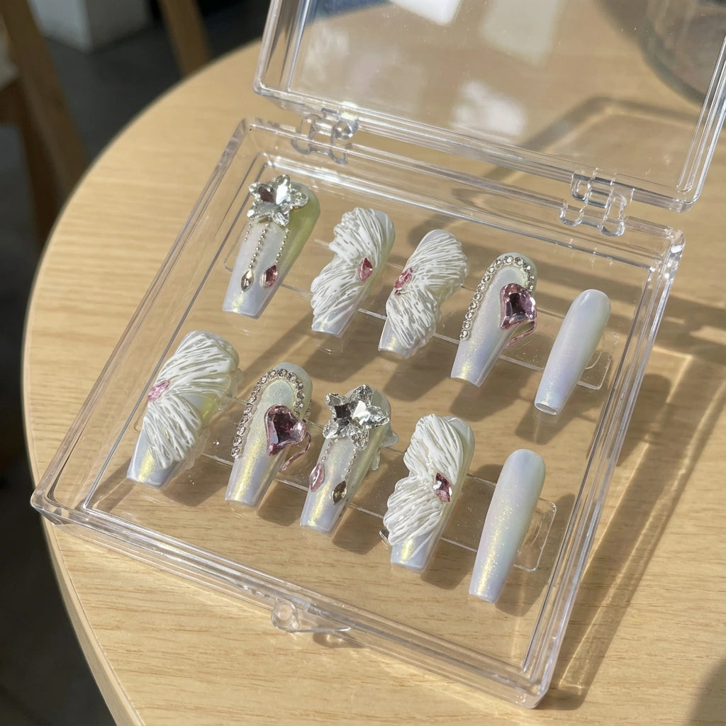 Reusable Angel Wings Press On Nails – Long Coffin Shape with 3D White Feathers, Pink Heart Gem, and Silver Star Charms
