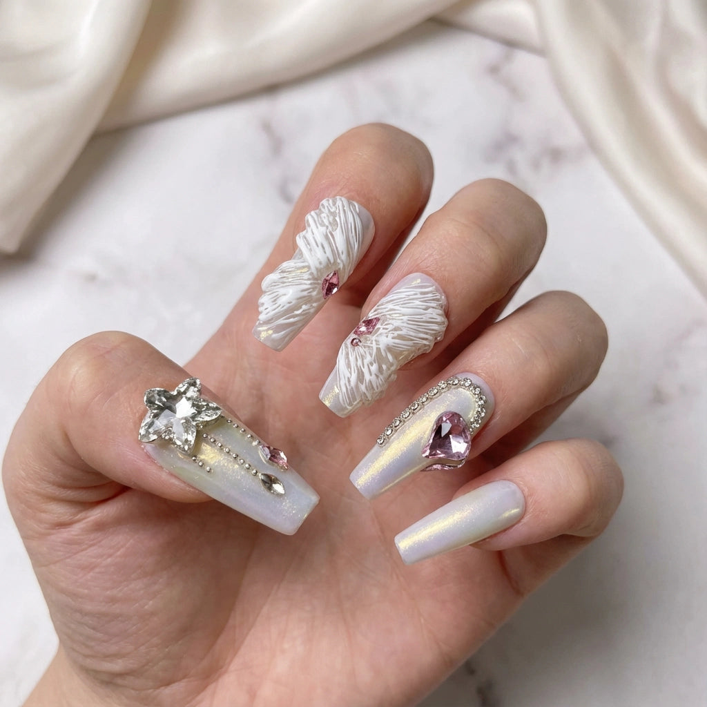 Reusable Angel Wings Press On Nails – Long Coffin Shape with 3D White Feathers, Pink Heart Gem, and Silver Star Charms