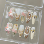 Reusable Bunny & Butterfly Press On Nails – Stiletto Shape with Pearl and Bow Designs for Special Occasions