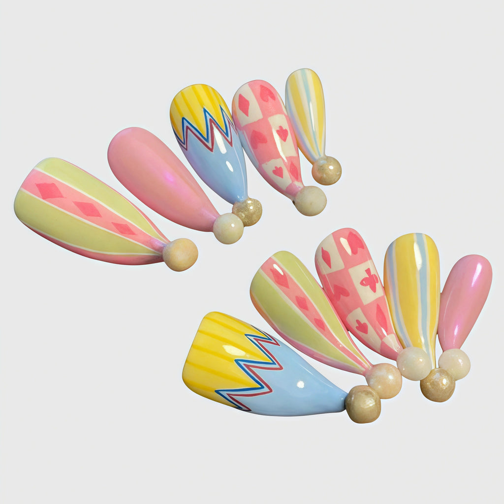 Reusable Press On Nails – Stiletto Shape with Colorful Diamond & Zigzag Patterns for Girls