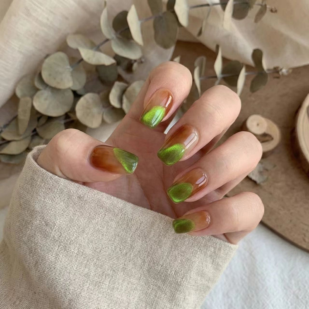 Reusable Amber & Lime Green Square Press On Nail Art Set – Magnetic Cat Eye French Tips for Chic Modern Vibe