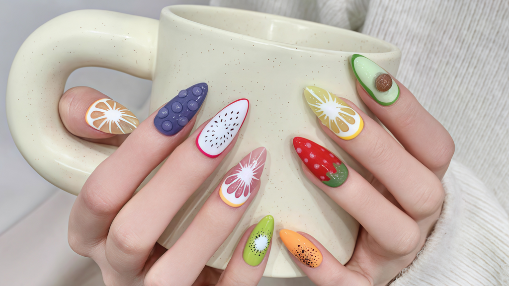 Almond Fruit Press On Nails – Colorful 3D Summer Fruit Nail Art Set