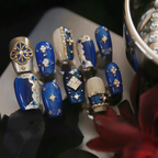 Square Shape Navy Blue and Gold Press On Nails Set with Cross Charms, Pearls, and Royal 3D Decorations, Reusable for Women