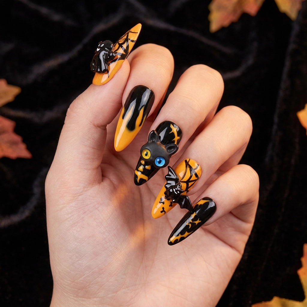 Reusable Halloween Press On Nails – Stiletto Shape with 3D Cat, Pumpkin, and Bat Designs for Spooky Season