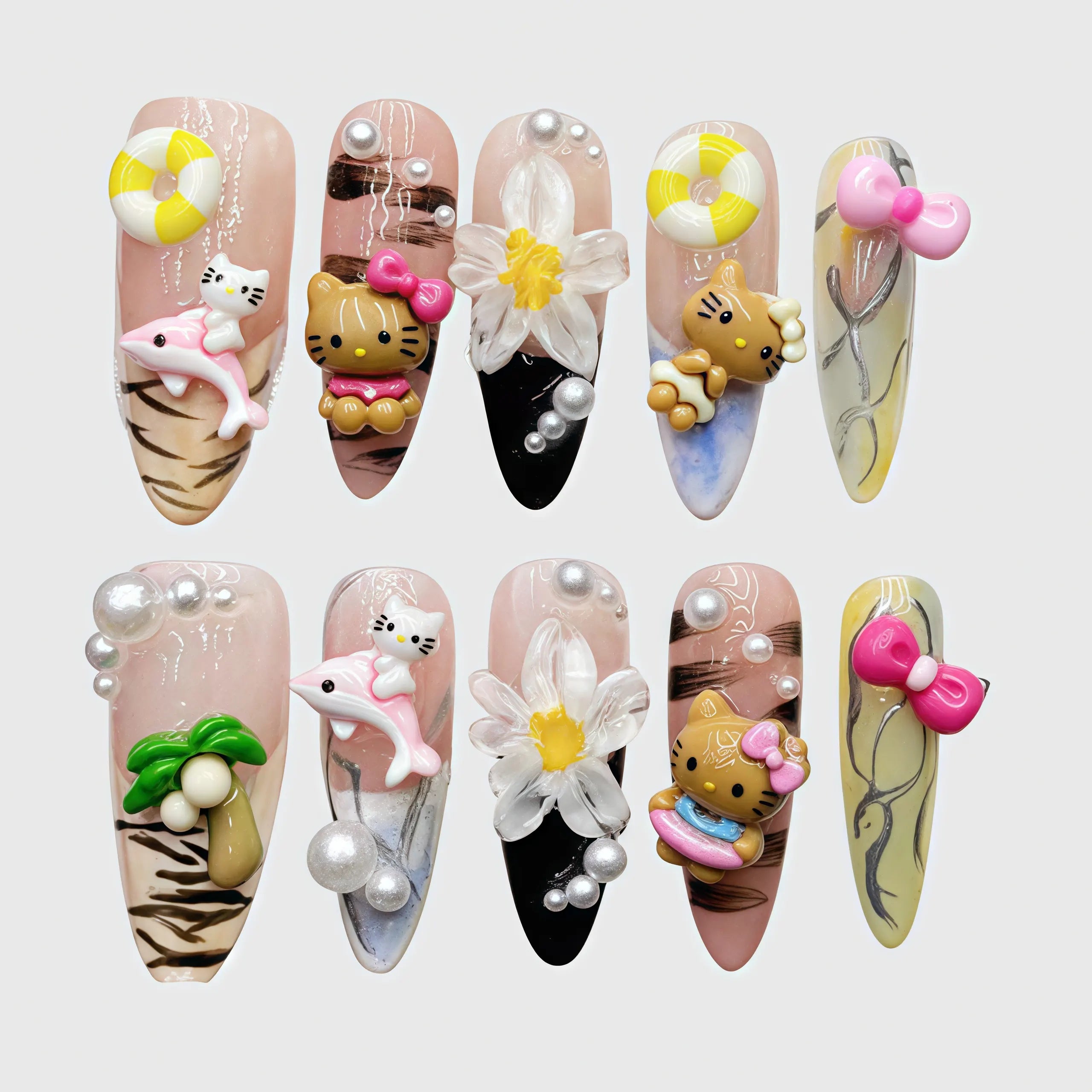 Reusable Summer Hello Kitty Press On Nails – Stiletto Shape with 3D Dolphin, Palm Tree, and Floral Designs for Beach Vacation Main image