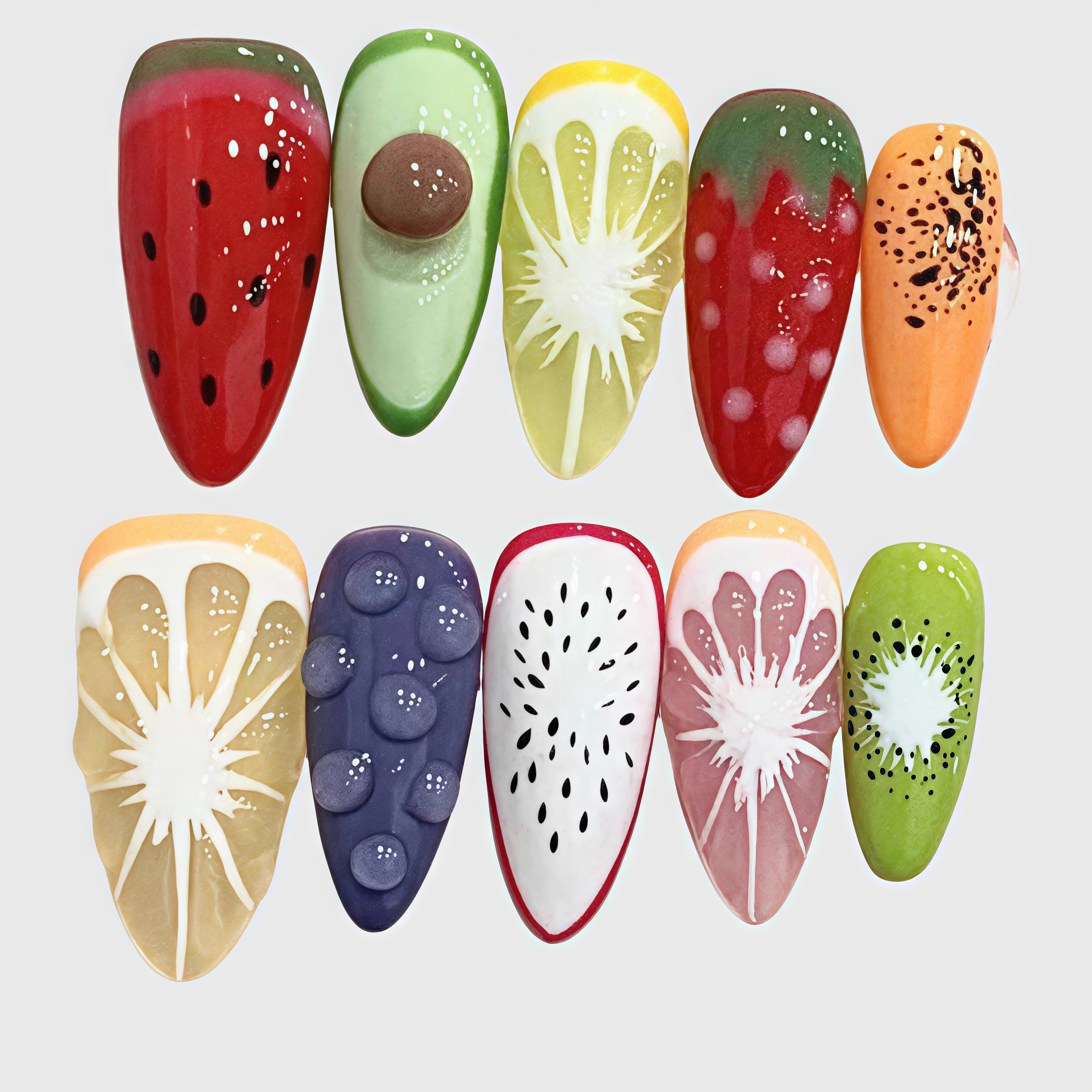 Almond-shaped press on nails with colorful 3D fruit designs including watermelon, kiwi, strawberry, orange, and grape Main image