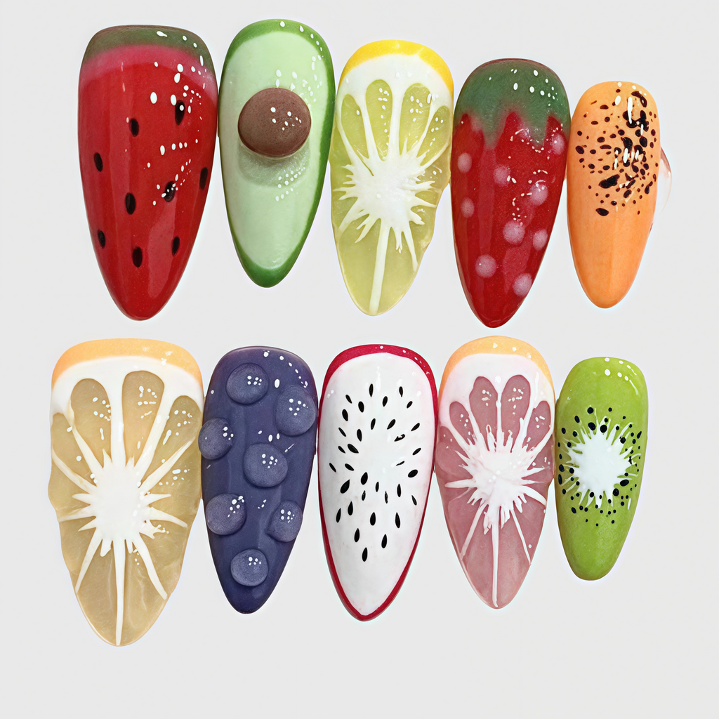 Almond-shaped press on nails with colorful 3D fruit designs including watermelon, kiwi, strawberry, orange, and grape