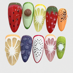 Almond-shaped press on nails with colorful 3D fruit designs including watermelon, kiwi, strawberry, orange, and grape