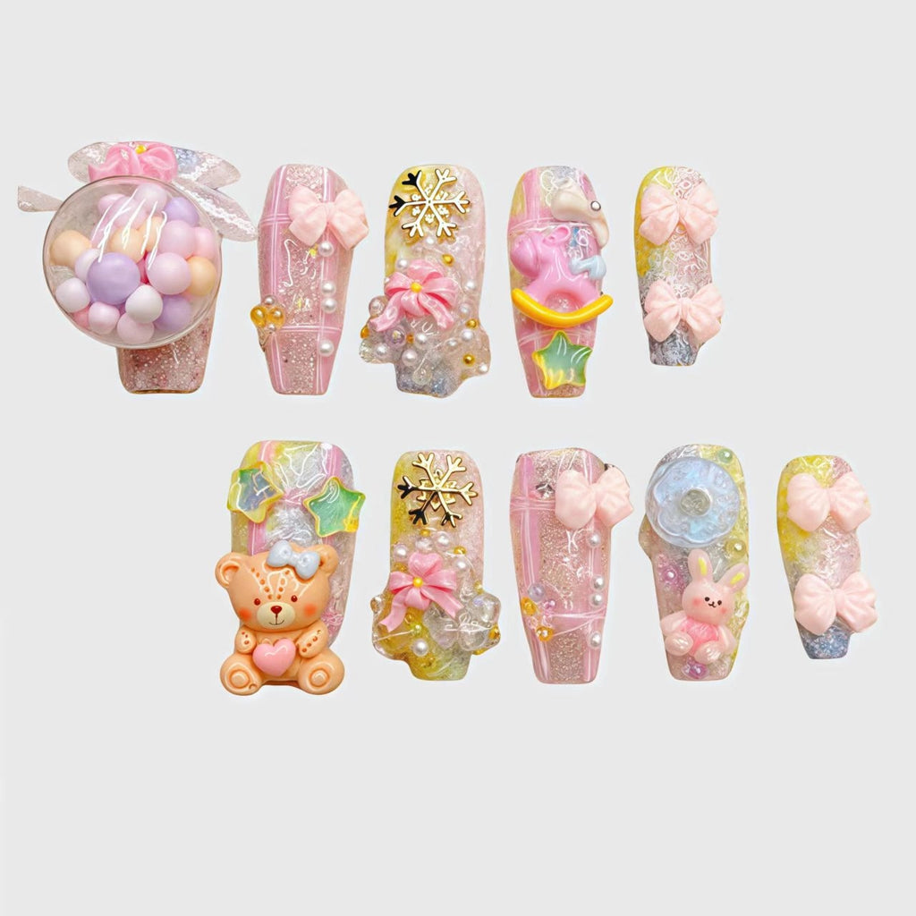 Reusable Toy Box Press On Nails – Coffin Shape with 3D Teddy Bear, Snowflake, and Pink Bow Designs for Winter Aesthetic