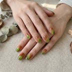 Reusable Amber & Lime Green Square Press On Nail Art Set – Magnetic Cat Eye French Tips for Chic Modern Vibe