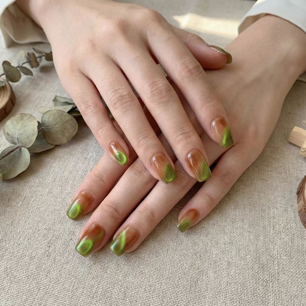 Reusable Amber & Lime Green Square Press On Nail Art Set – Magnetic Cat Eye French Tips for Chic Modern Vibe