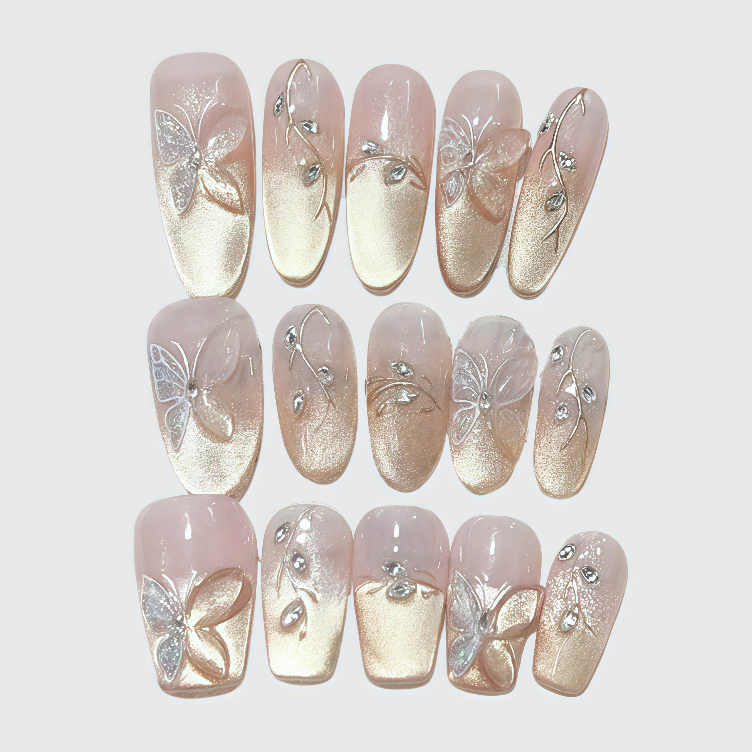 Elegant Almond Press-On Nails – Gold Gradient 3D Butterfly & Rhinestone Design