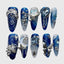 Stiletto Galaxy Press On Nails Set – Reusable Blue Nails with Moon, Stars, and 3D Metallic Charms for Women