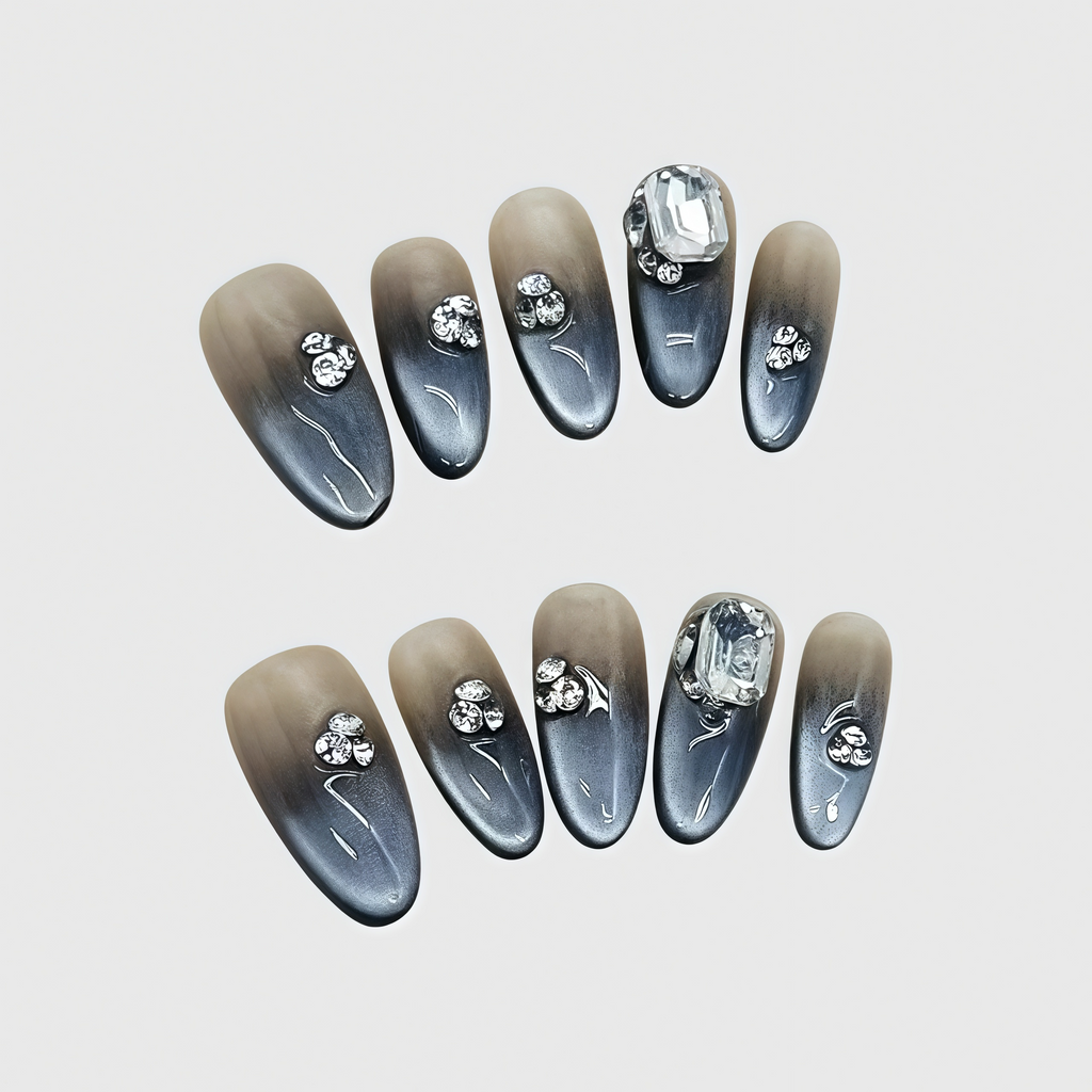 Luxury Almond Black Gradient Press-On Nails – Ombre Rhinestone Design with Crystal Accents