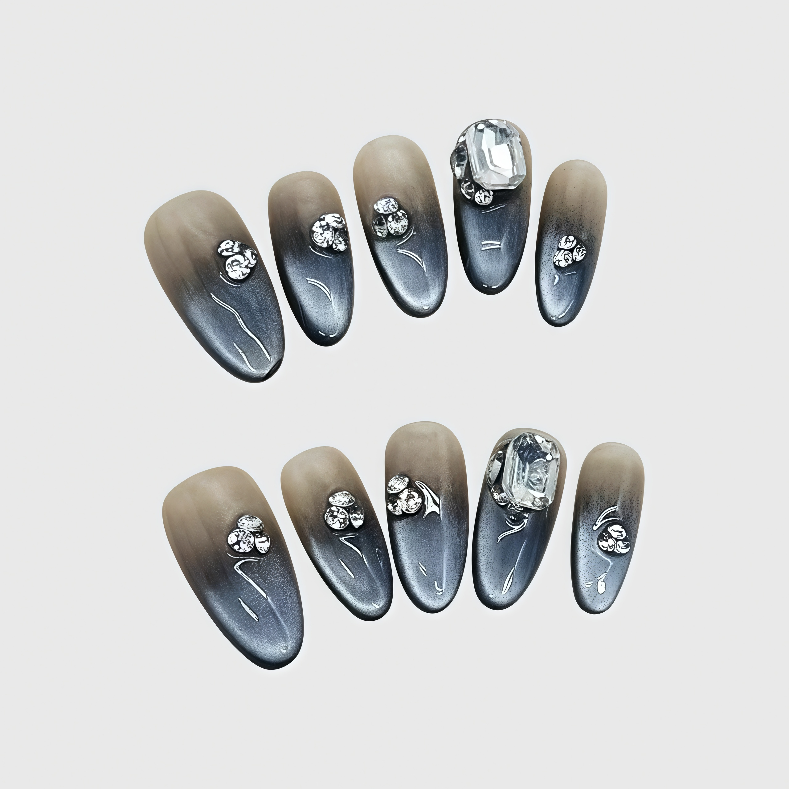 Luxury Almond Black Gradient Press-On Nails – Ombre Rhinestone Design with Crystal Accents