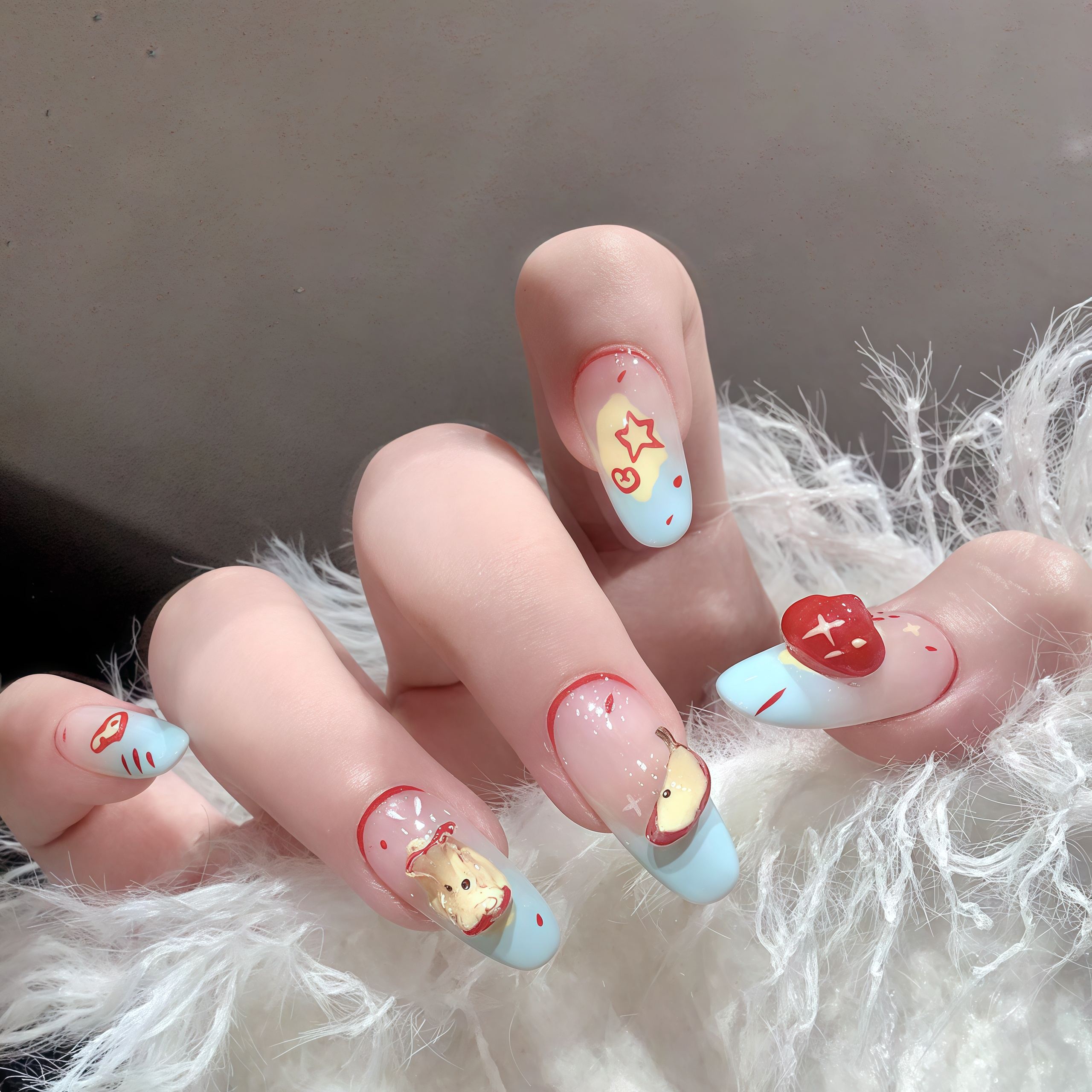 Oval Apple-Themed 3D Press-On Nails – Cute Glossy Pink Fake Nails with Fruit Charms for Girls Secondary image
